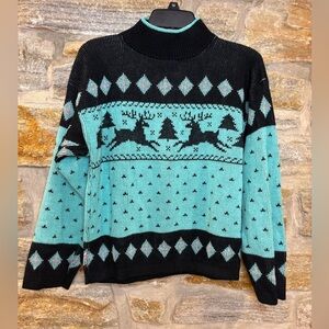 Gitano Vintage ‘90s Double Sided Teal & Black Mockneck Sweater Fair Isle Size M